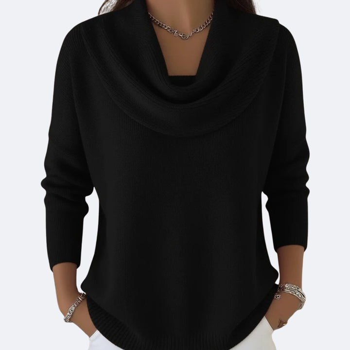 Quenriel | Women's Knit Cozy Ruffle Neck Sweater — Black