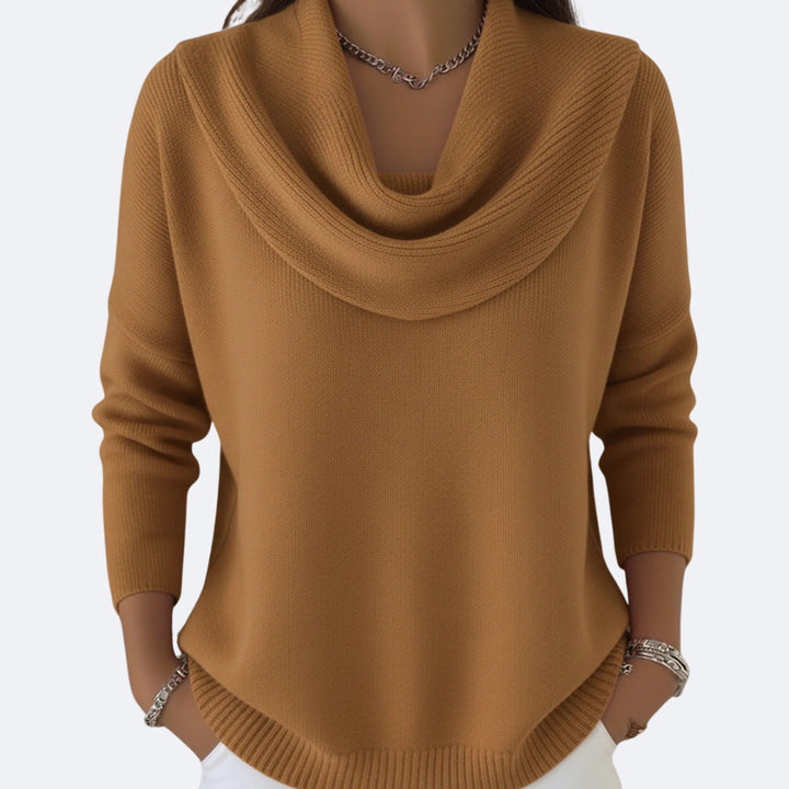 Quenriel | Women's Knit Cozy Ruffle Neck Sweater — Camel