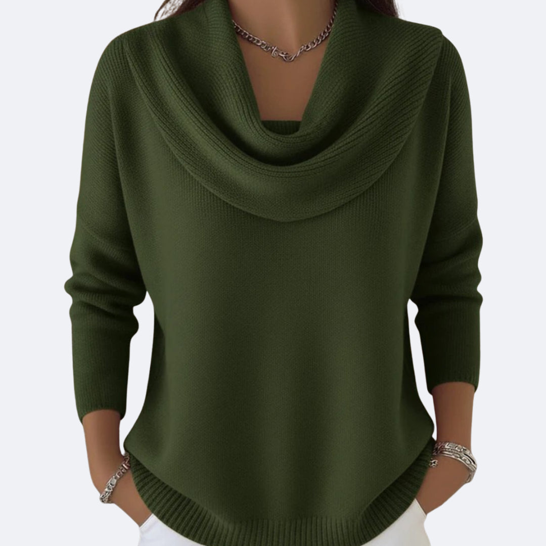 Quenriel | Women's Knit Cozy Ruffle Neck Sweater — Green