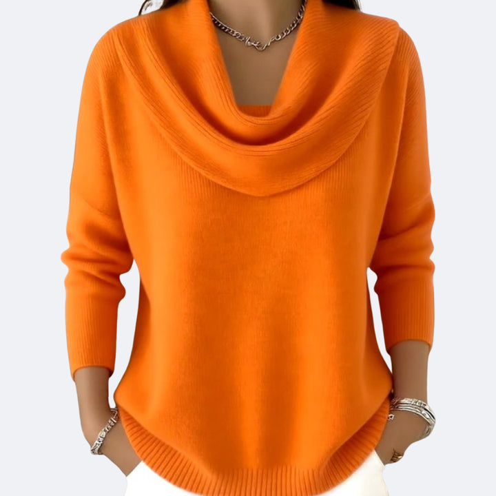 Quenriel | Women's Knit Cozy Ruffle Neck Sweater — Orange