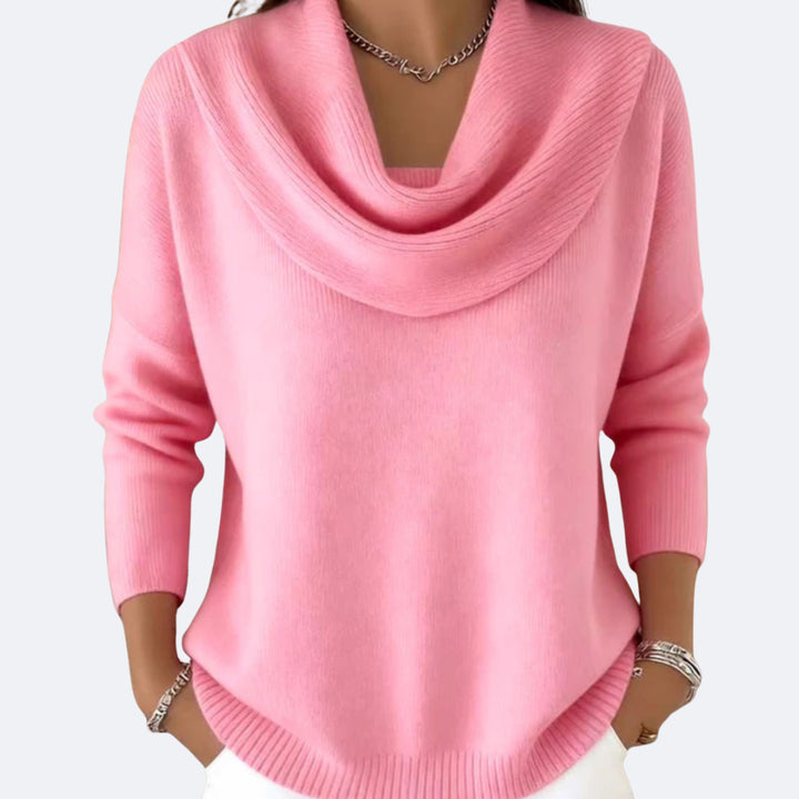 Quenriel | Women's Knit Cozy Ruffle Neck Sweater — Pink