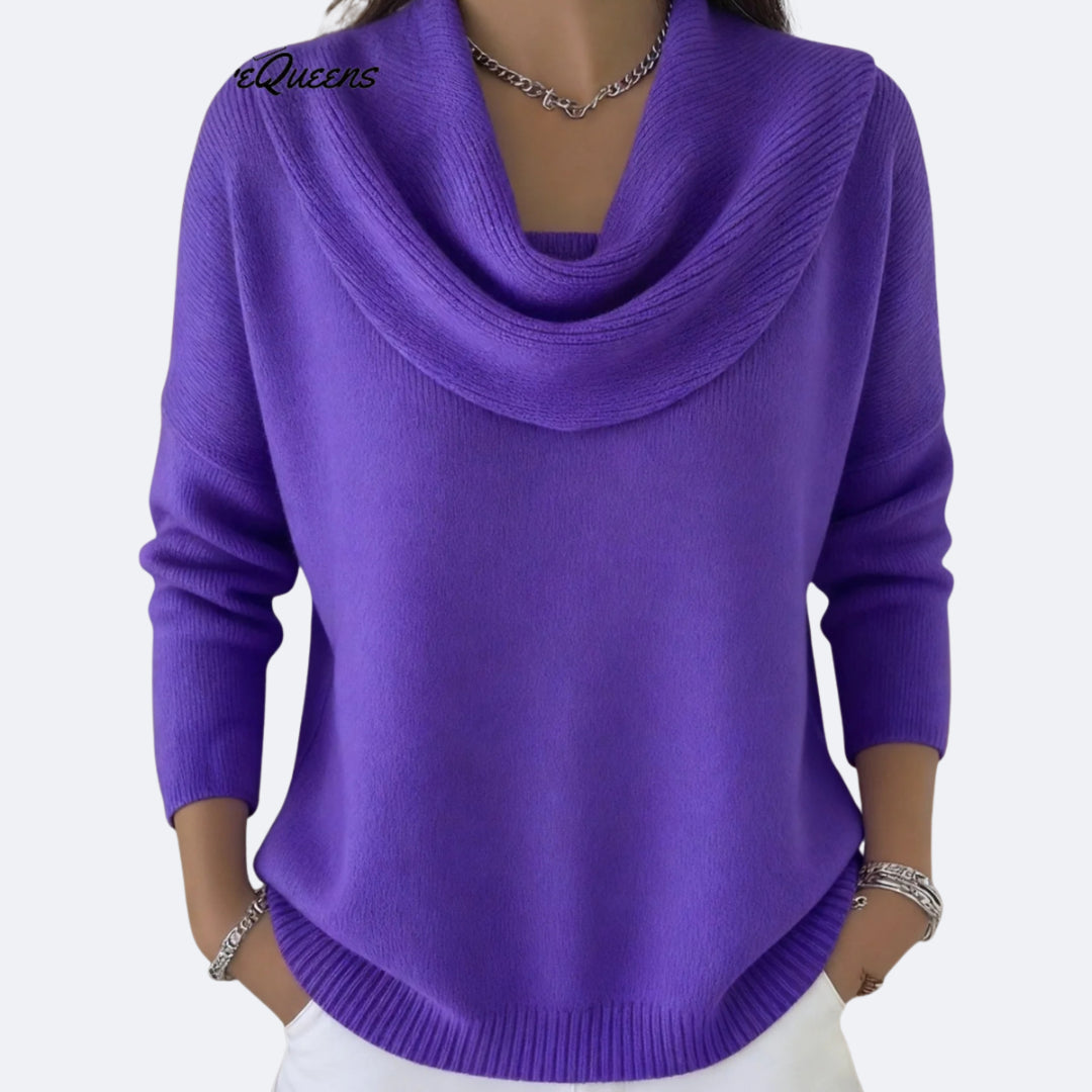 Quenriel | Women's Knit Cozy Ruffle Neck Sweater — Purple