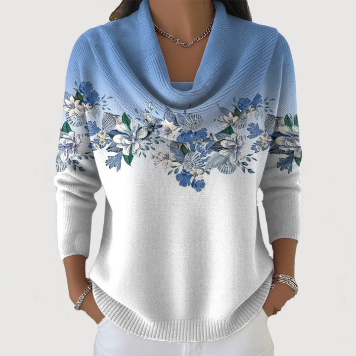 Quensia | Women's Knit Cozy Floral Sweater with Soft Collar — Blue