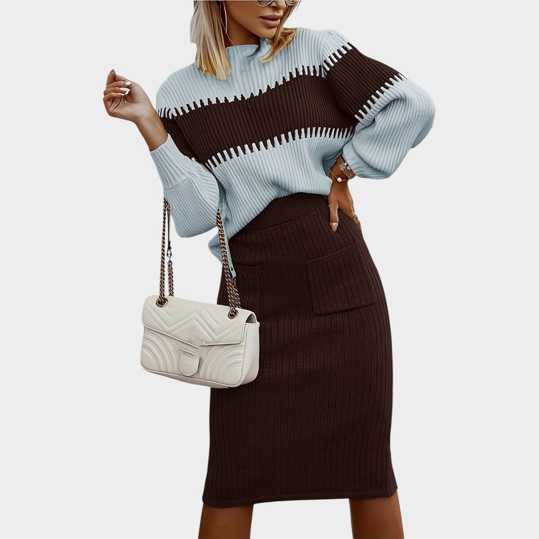 Quenwynn | Women's Two-Piece Matching Set 2 Piece Casual Ribbed Knit Sweater Skirt — Light Blue