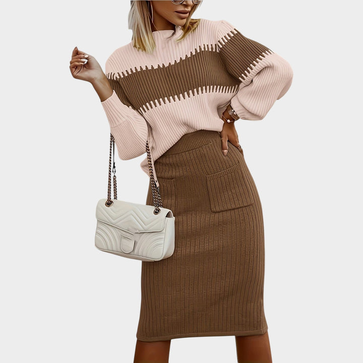 Quenwynn | Women's Two-Piece Matching Set 2 Piece Casual Ribbed Knit Sweater Skirt — Light Coffee