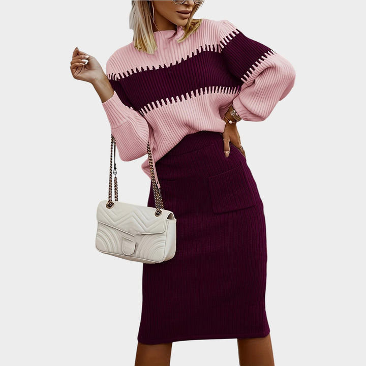 Quenwynn | Women's Two-Piece Matching Set 2 Piece Casual Ribbed Knit Sweater Skirt — Magenta