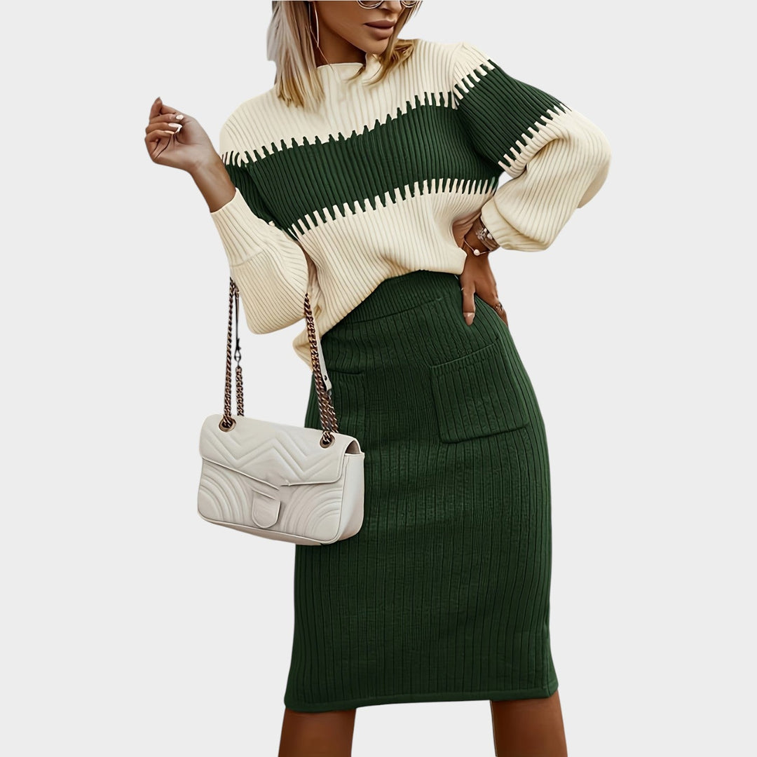 Quenwynn | Women's Two-Piece Matching Set 2 Piece Casual Ribbed Knit Sweater Skirt — Wood Green