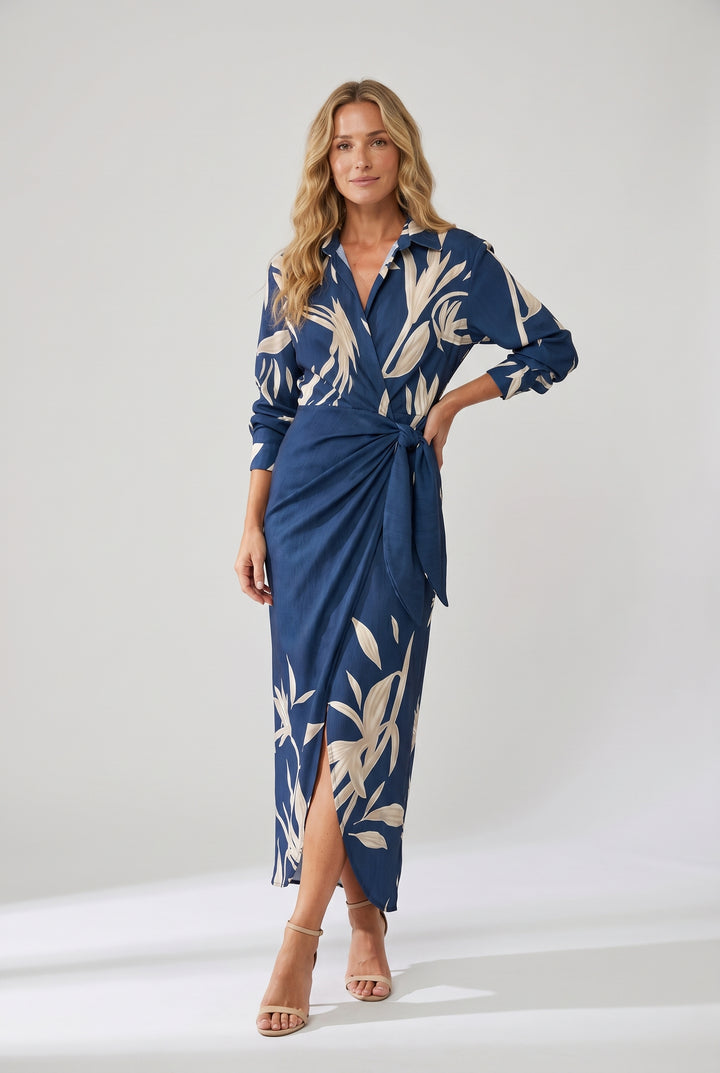 Quintessa | Women's Wedding Guest Elegant Leaf Print Maxi Wrap V-Neck Dresses — 2