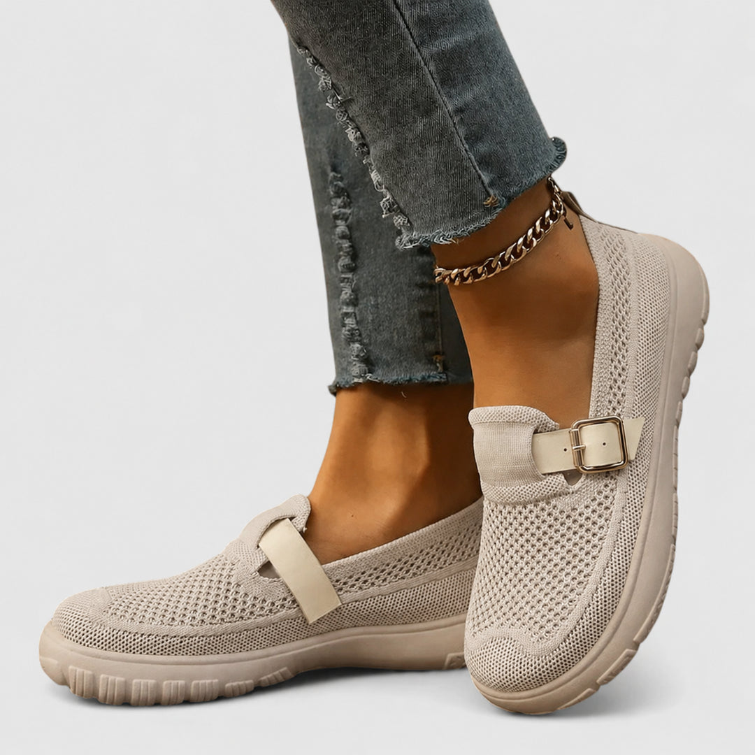 Renethara | Women's Orthopedic Comfort Knit Slip-On Loafers Buckle Strap Casual — Beige