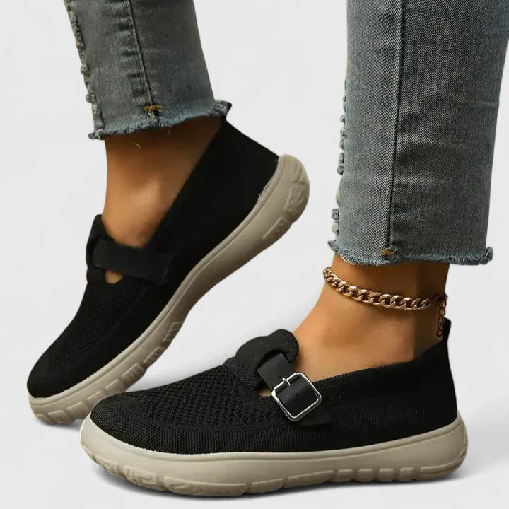 Renethara | Women's Orthopedic Comfort Knit Slip-On Loafers Buckle Strap Casual — Black