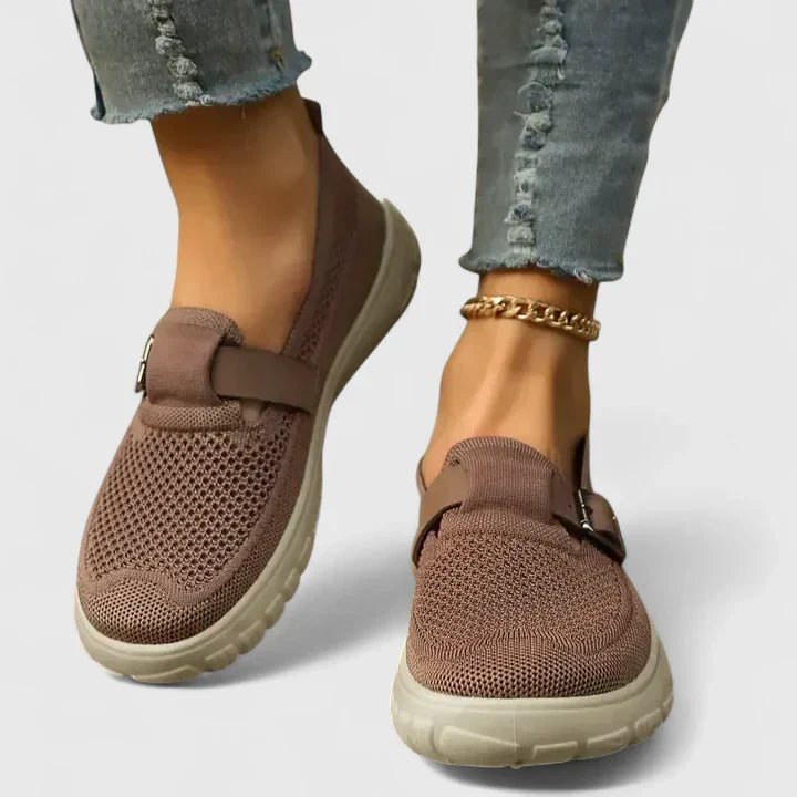 Renethara | Women's Orthopedic Comfort Knit Slip-On Loafers Buckle Strap Casual — Brown