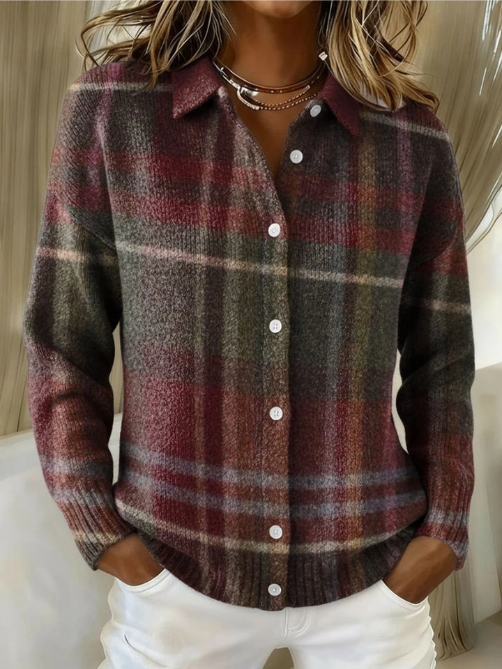 Renetharia | Women's Classic Plaid Knit Collared Cardigan
