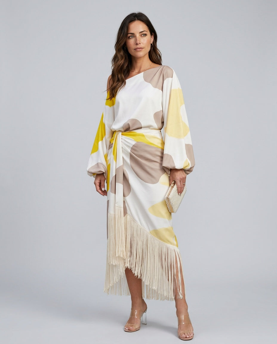 Renethsia | Women's Elegant Abstract Print Fringe Hem Midi Dress — 1