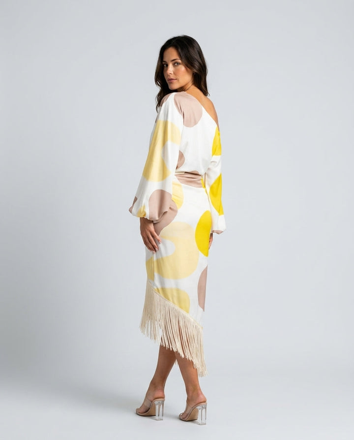 Renethsia | Women's Elegant Abstract Print Fringe Hem Midi Dress — 2