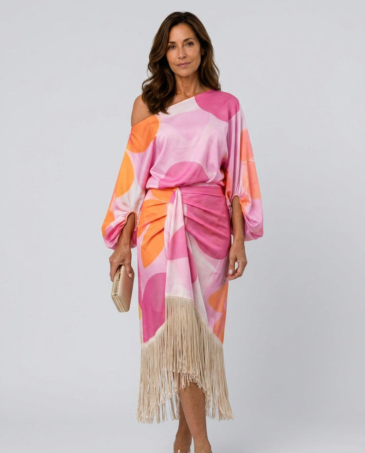 Renethsia | Women's Elegant Abstract Print Fringe Hem Midi Dress — Pink