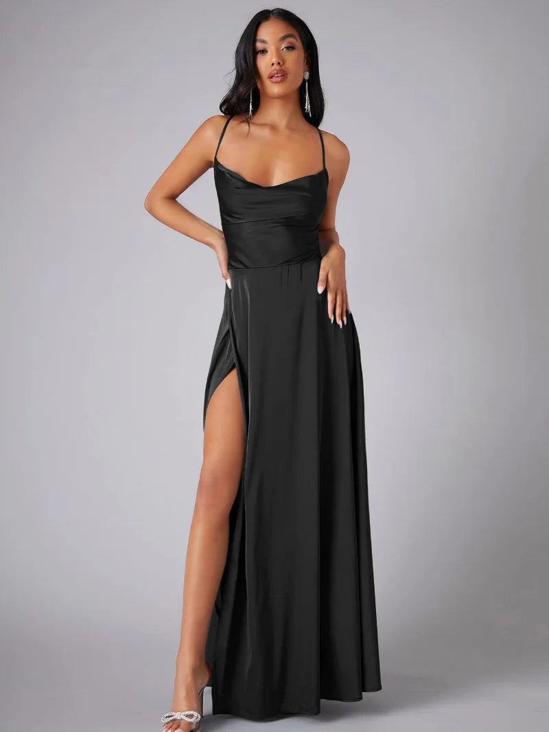 Renethstine | Women's Elegant Split Evening Maxi Dress — Black