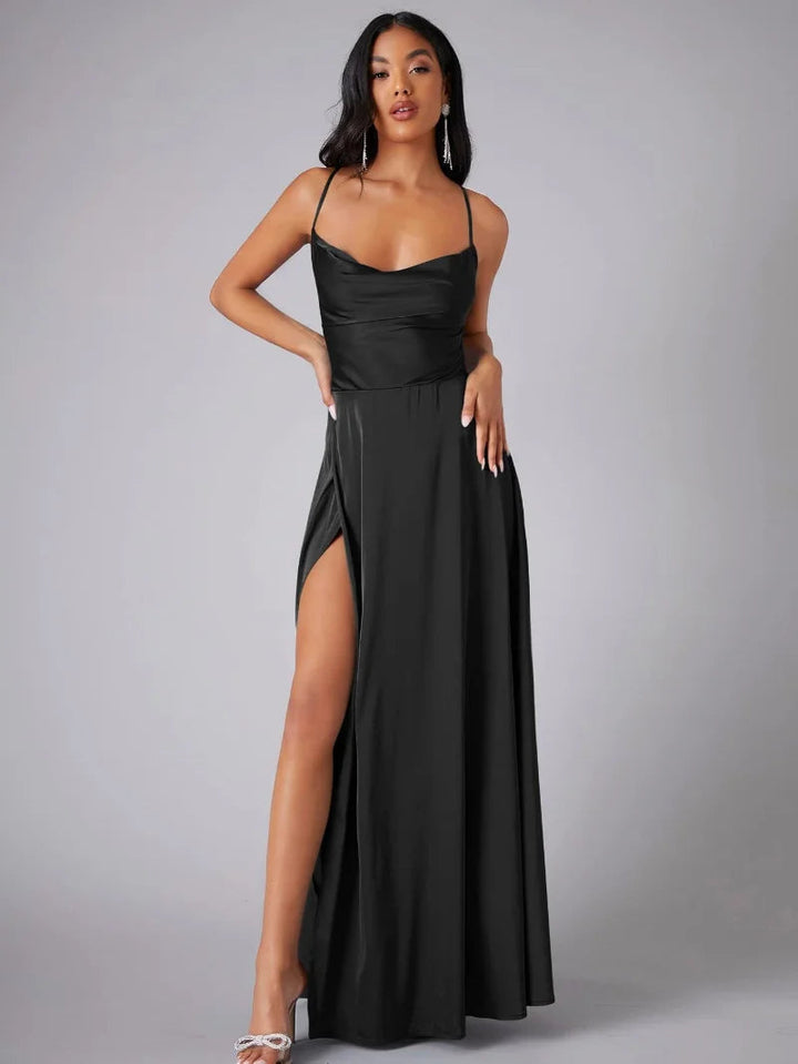 Renethstine | Women's Elegant Split Evening Maxi Dress — Black