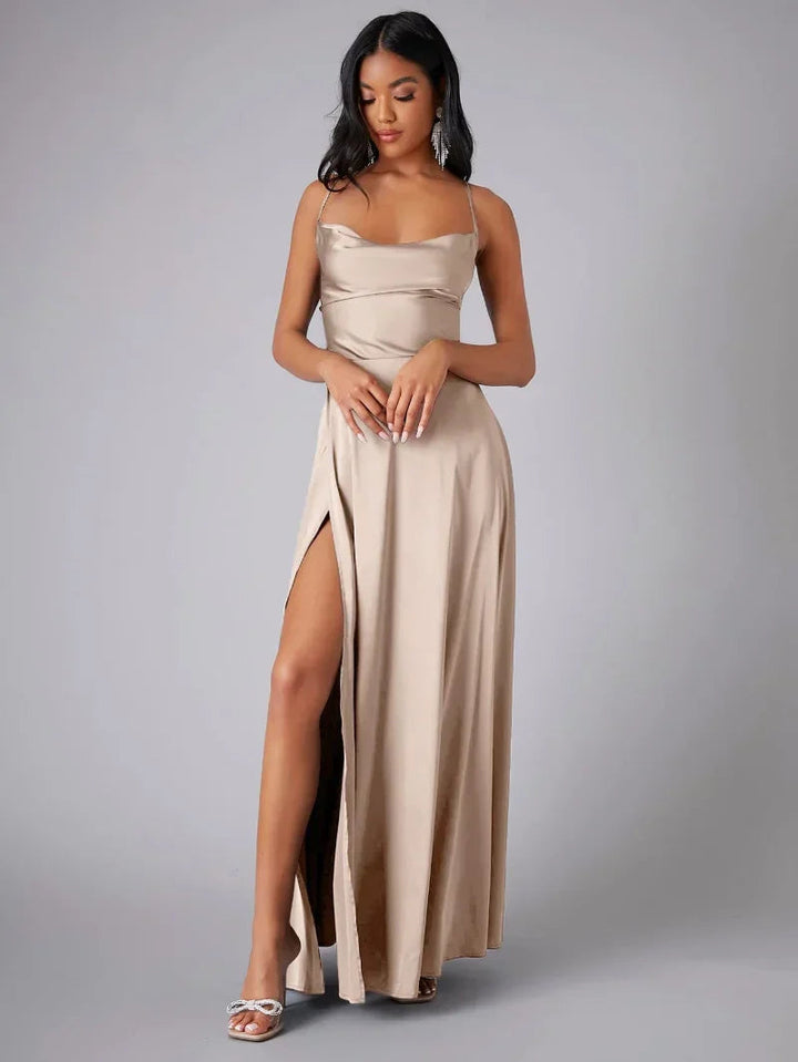 Renethstine | Women's Elegant Split Evening Maxi Dress — Light Brown