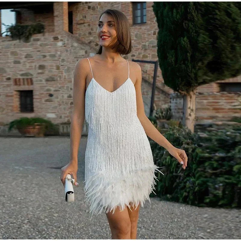 Rheaita | Women's Elegant Sequin Feather Mini Dress – Spaghetti Strap Cocktail Party Dress — 2