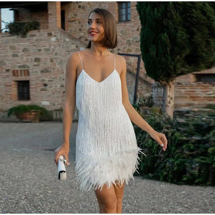 Rheaita | Women's Elegant Sequin Feather Mini Dress – Spaghetti Strap Cocktail Party Dress — 2