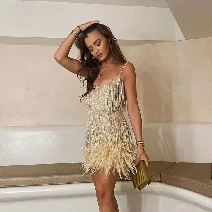 Rheaita | Women's Elegant Sequin Feather Mini Dress – Spaghetti Strap Cocktail Party Dress — Gold
