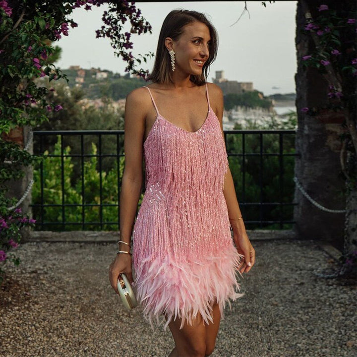 Rheaita | Women's Elegant Sequin Feather Mini Dress – Spaghetti Strap Cocktail Party Dress — Pink