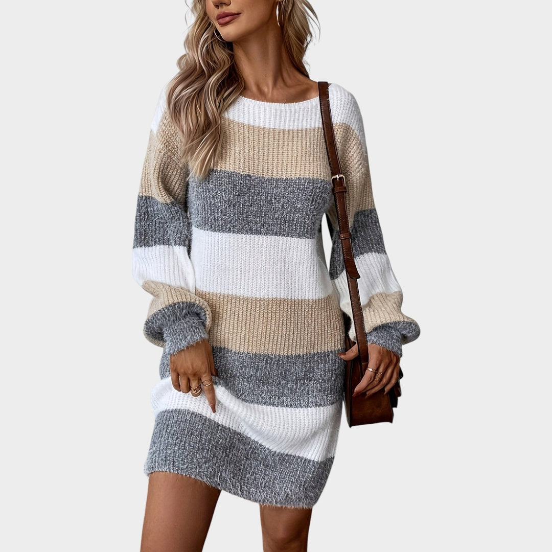Rheania | Women's Cozy Sweater Dress Mini Striped Long Sleeve Knit — Gray