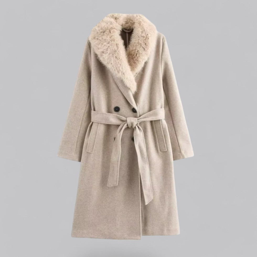 Rillalyn | Women's Trench Coat Double-Breasted Collar Faux Fur Everyday Wear - Beige