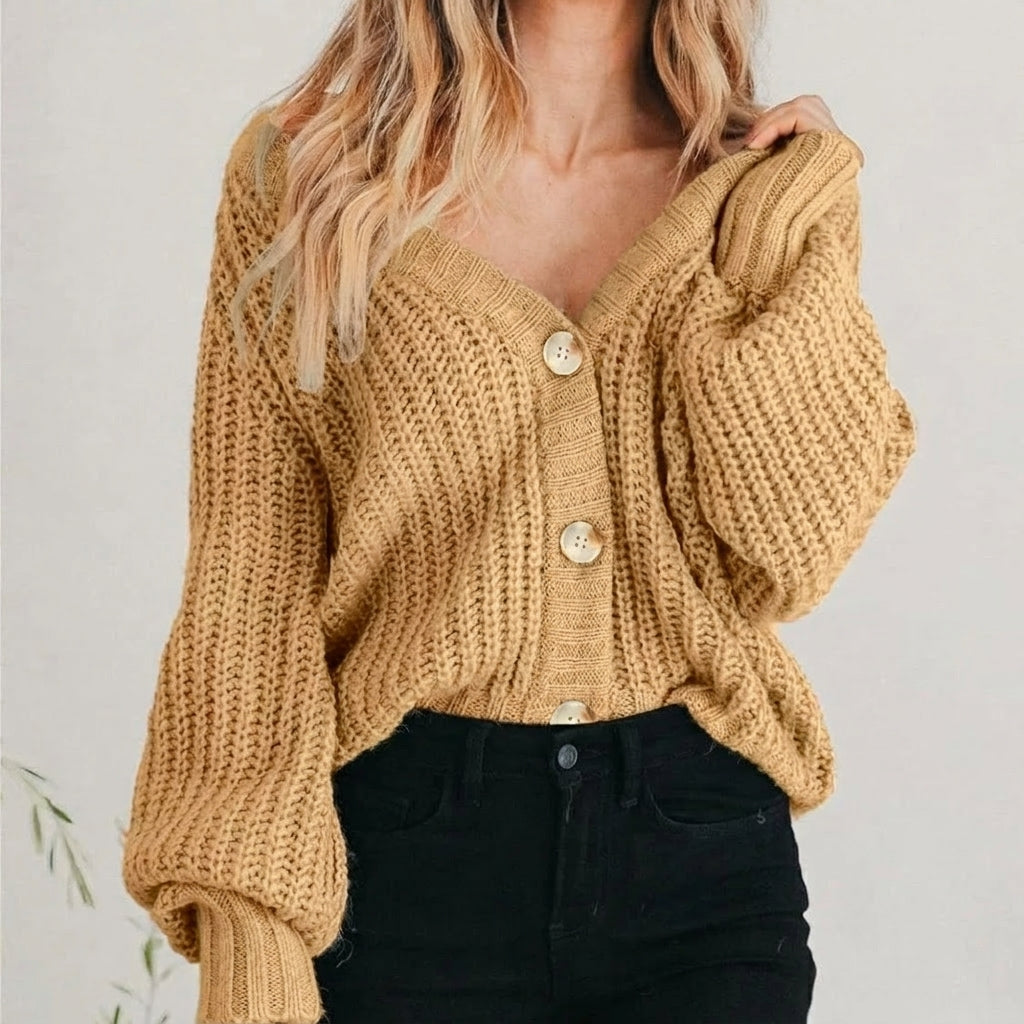 Rillavanne | Women's Cozy Knit V-Neck Long Sleeve Cropped Cardigan — Khaki