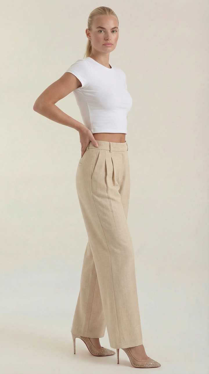 Female model posing in high-waist trousers full body plain background.