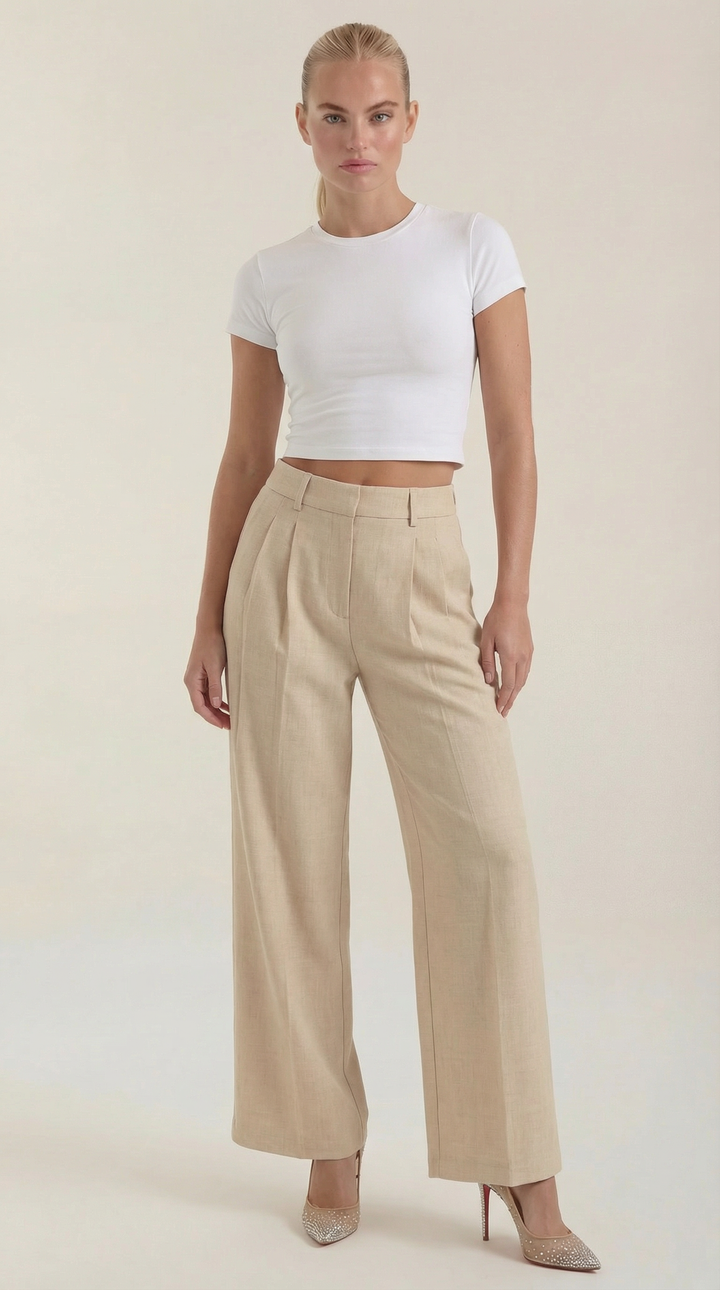 Woman wearing pleated wide-leg pants front view on plain background.