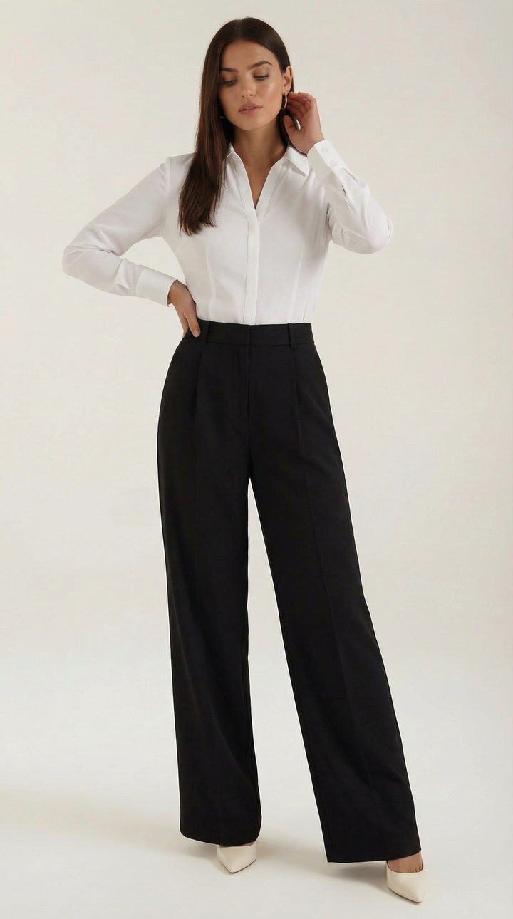 Woman wearing wide-leg trousers front view plain background studio shot