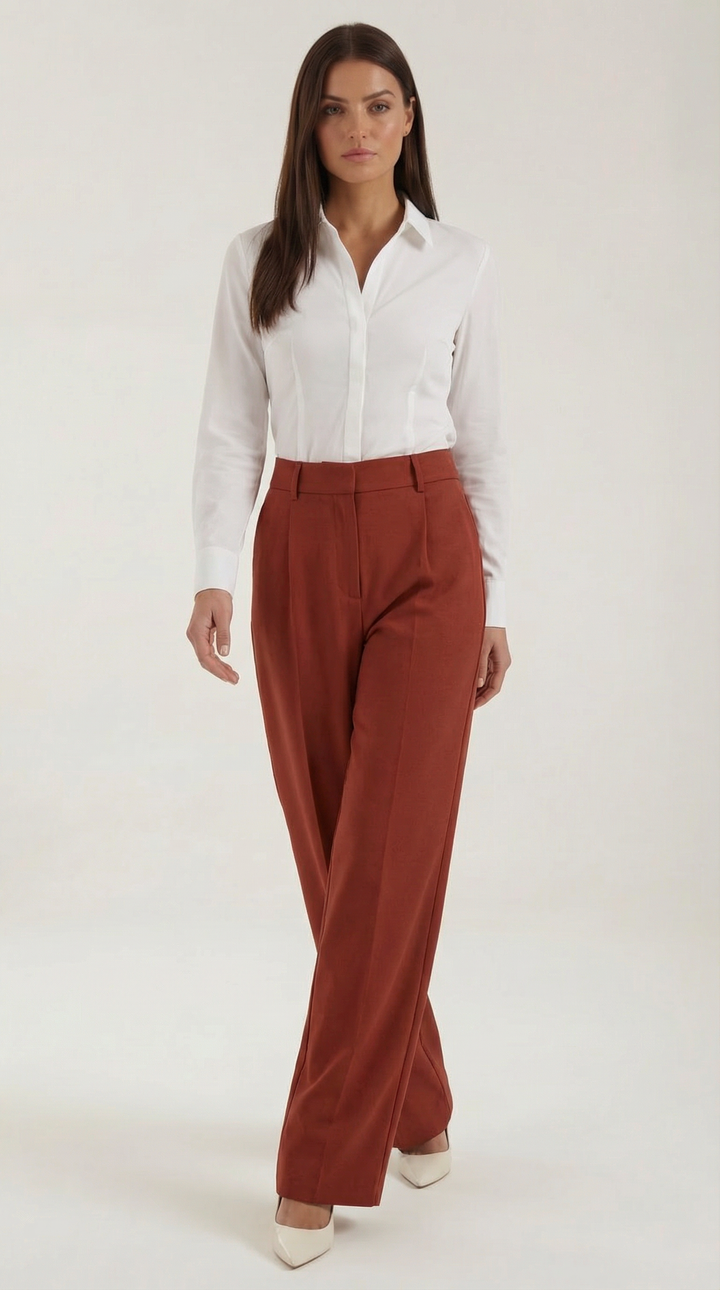 Woman posing font profile tailored pants plain background studio lighting