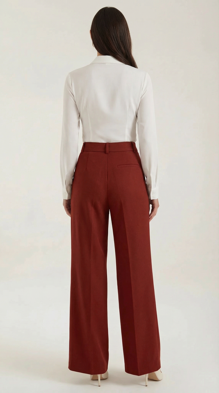 Female model fashion pose wide-leg trousers plain background minimal, back view