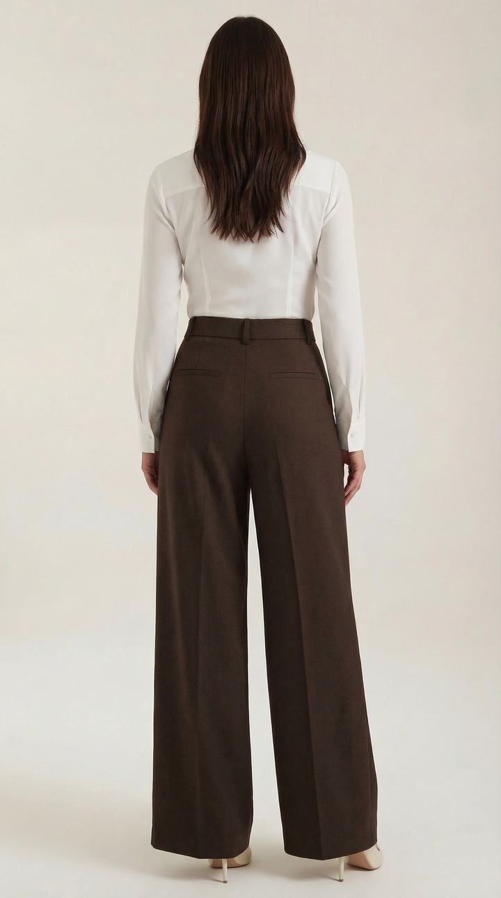 Female model posing back wide-leg trousers plain background minimal