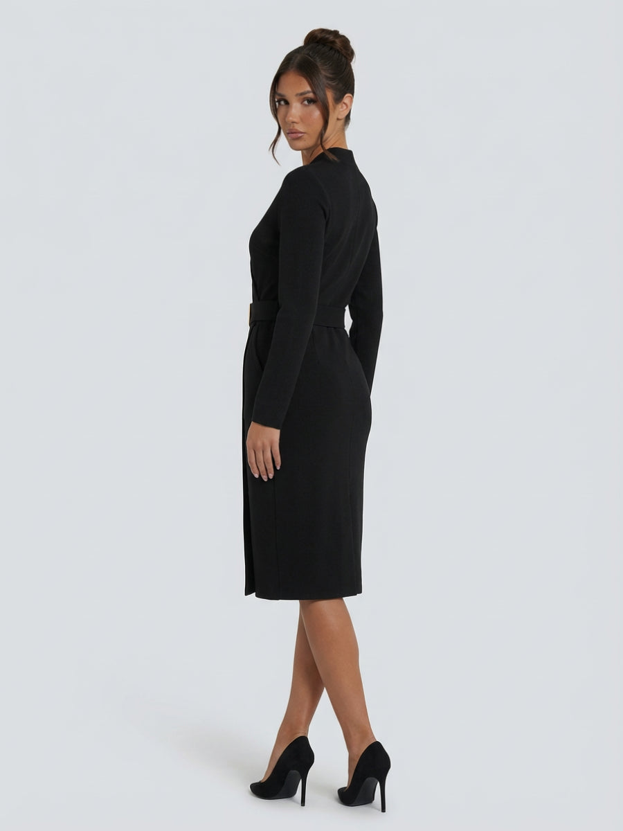 Rosalinde | Women's Wedding Guest Elegant Belted Midi Dress with Structured Collar Dresses — 2
