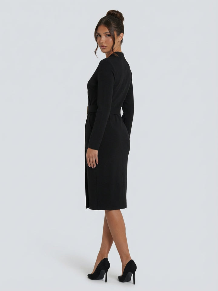 Rosalinde | Women's Wedding Guest Elegant Belted Midi Dress with Structured Collar Dresses — 2
