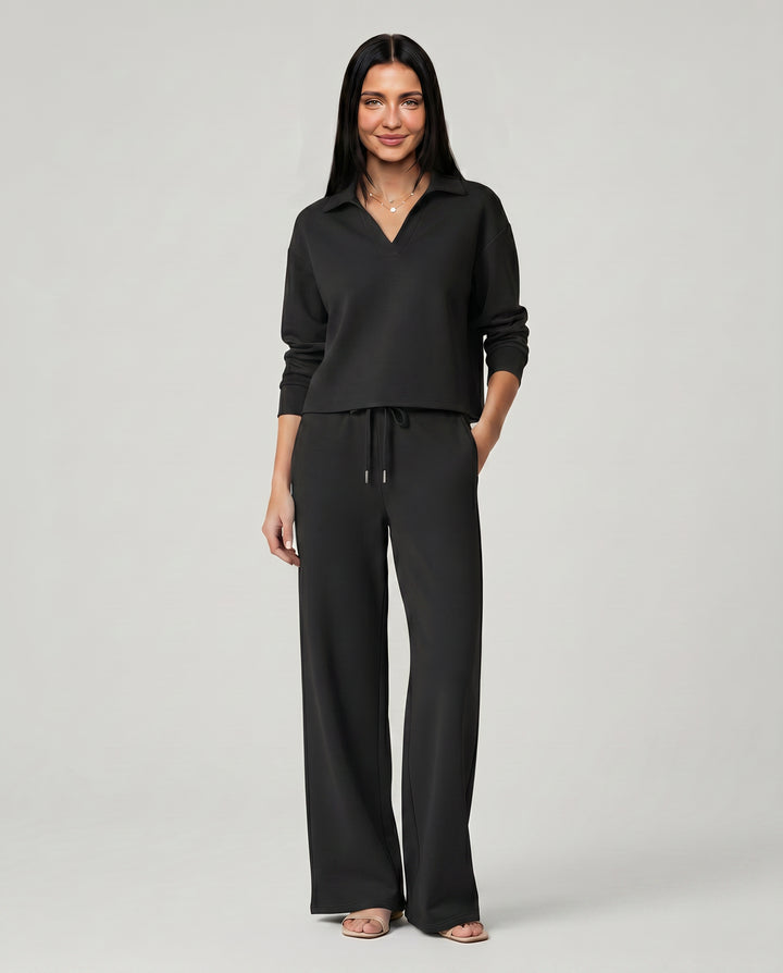 Rosamund | Women's Matching Two-Piece Set with Wide-Leg Pants — Black