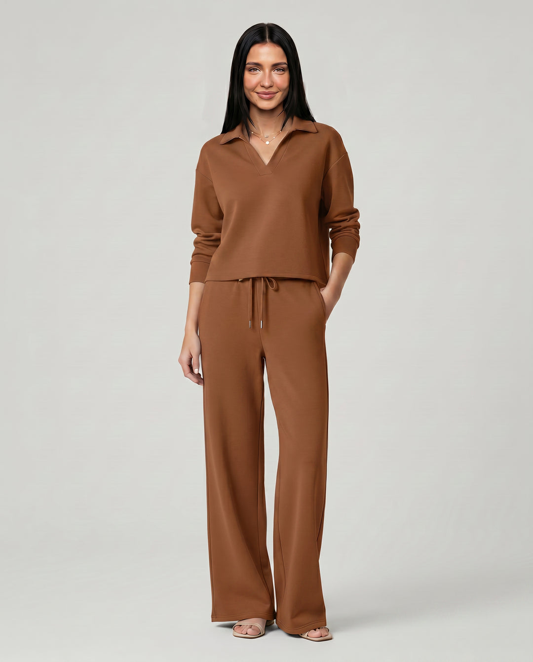 Rosamund | Women's Matching Two-Piece Set with Wide-Leg Pants — Brown