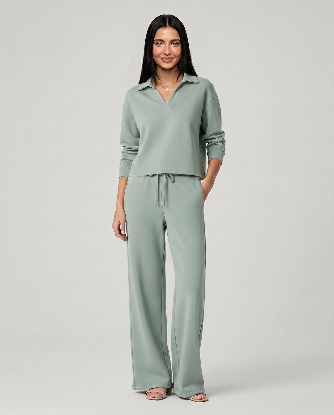 Rosamund | Women's Matching Two-Piece Set with Wide-Leg Pants — Green