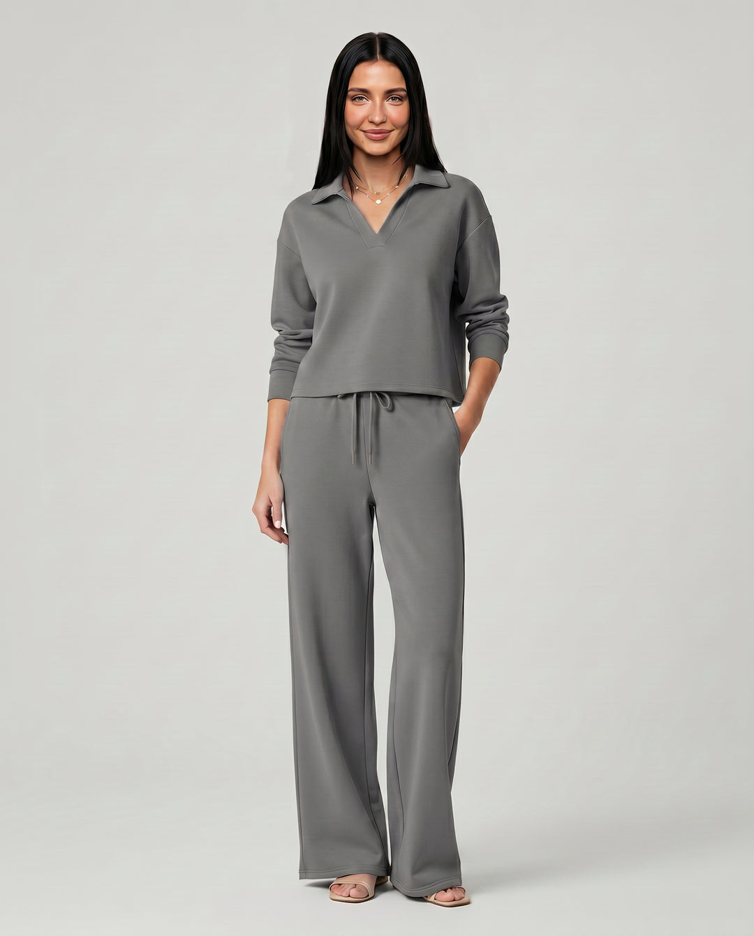 Rosamund | Women's Matching Two-Piece Set with Wide-Leg Pants — Grey