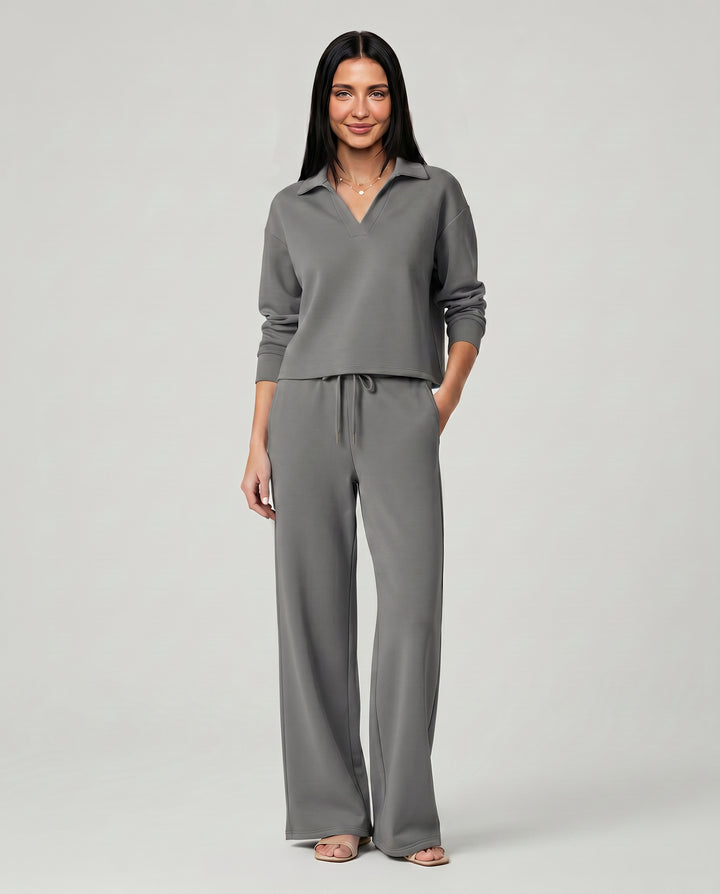 Rosamund | Women's Matching Two-Piece Set with Wide-Leg Pants — Grey