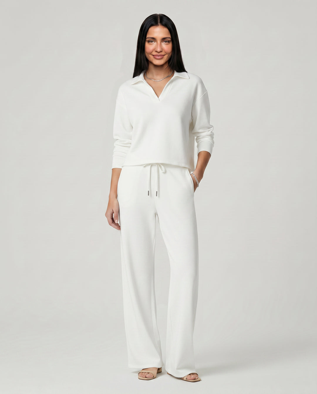 Rosamund | Women's Matching Two-Piece Set with Wide-Leg Pants — White