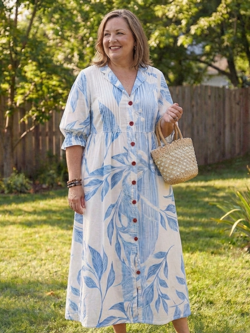 Floral maxi dress with button front closure and flowing design shown on a nature background.