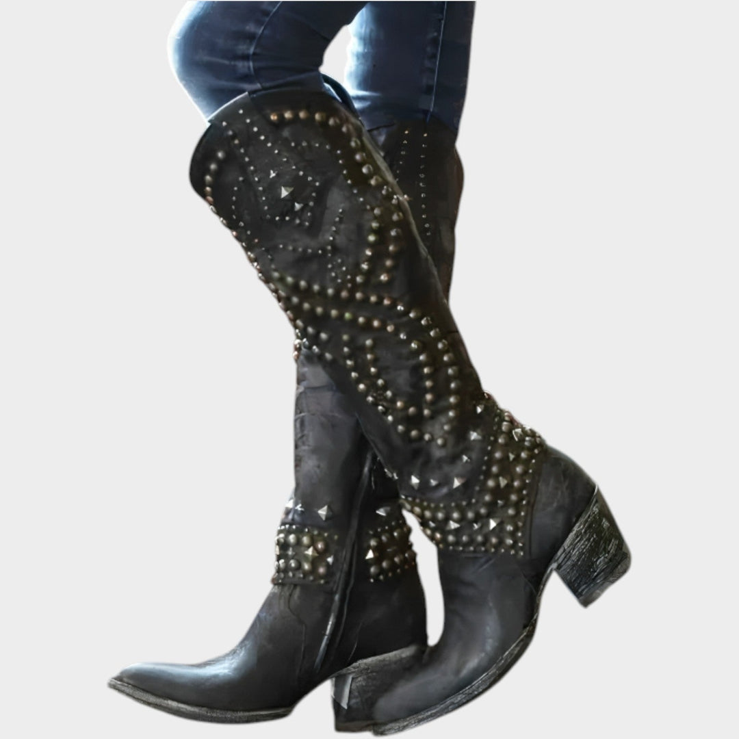 Sabelana | Women's Cowboy Boots Festival Studded Knee High Block Heel — Black