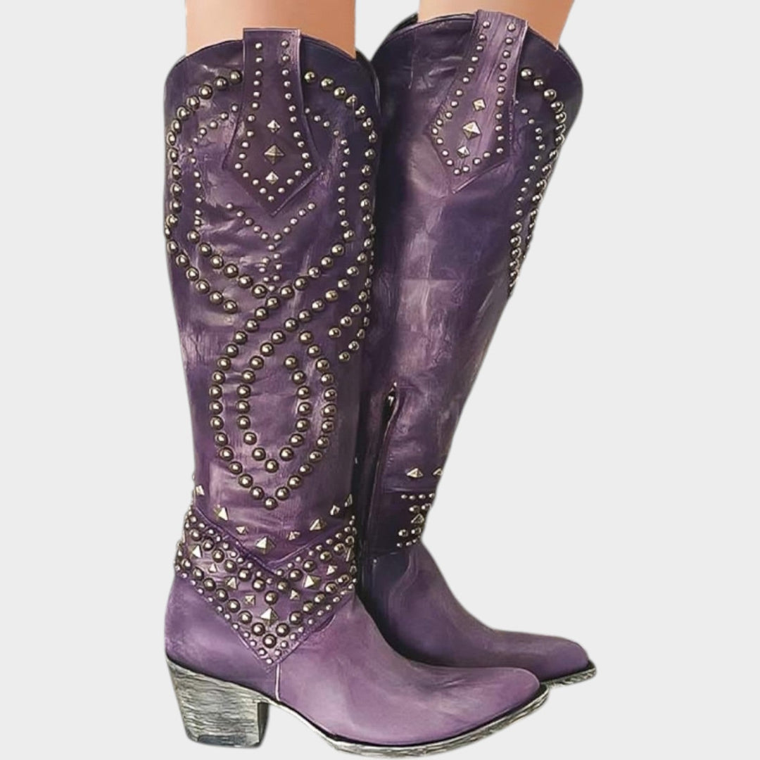 Sabelana | Women's Cowboy Boots Festival Studded Knee High Block Heel — 1