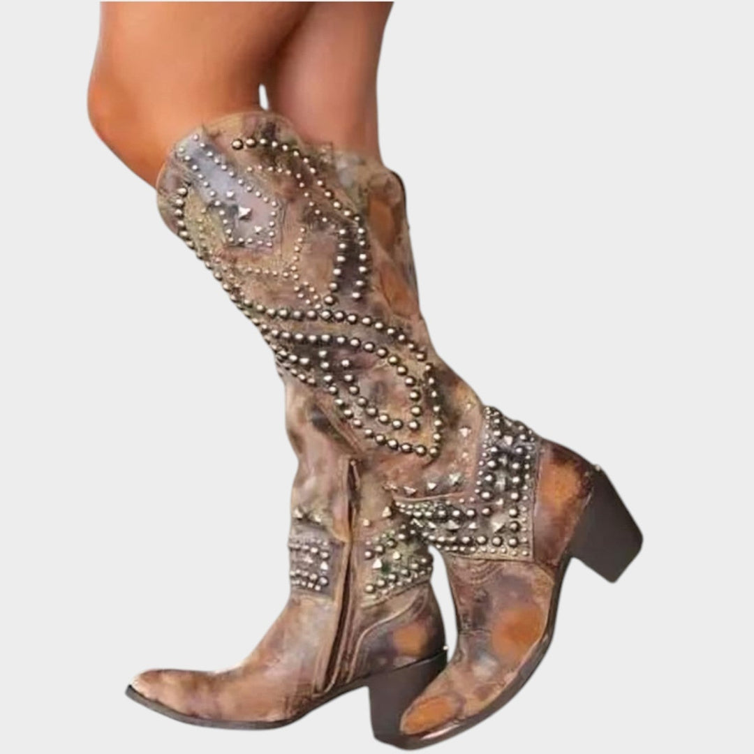 Sabelana | Women's Cowboy Boots Festival Studded Knee High Block Heel — 2