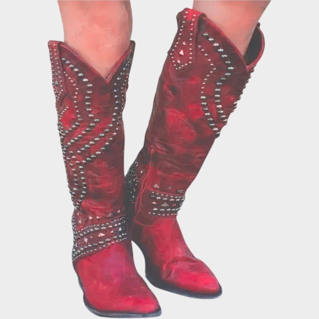 Sabelana | Women's Cowboy Boots Festival Studded Knee High Block Heel — Red