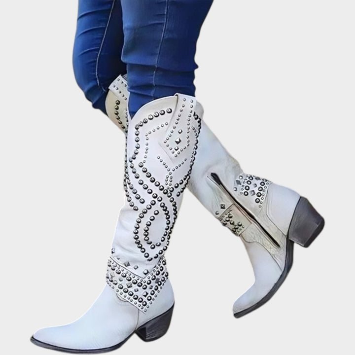Sabelana | Women's Cowboy Boots Festival Studded Knee High Block Heel — White