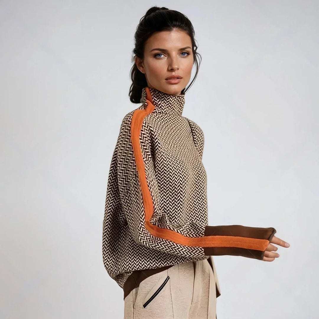 Sabelanthe | Women's Knit Cozy Herringbone Contrast-Trim Oversized Turtleneck Sweater — Orange